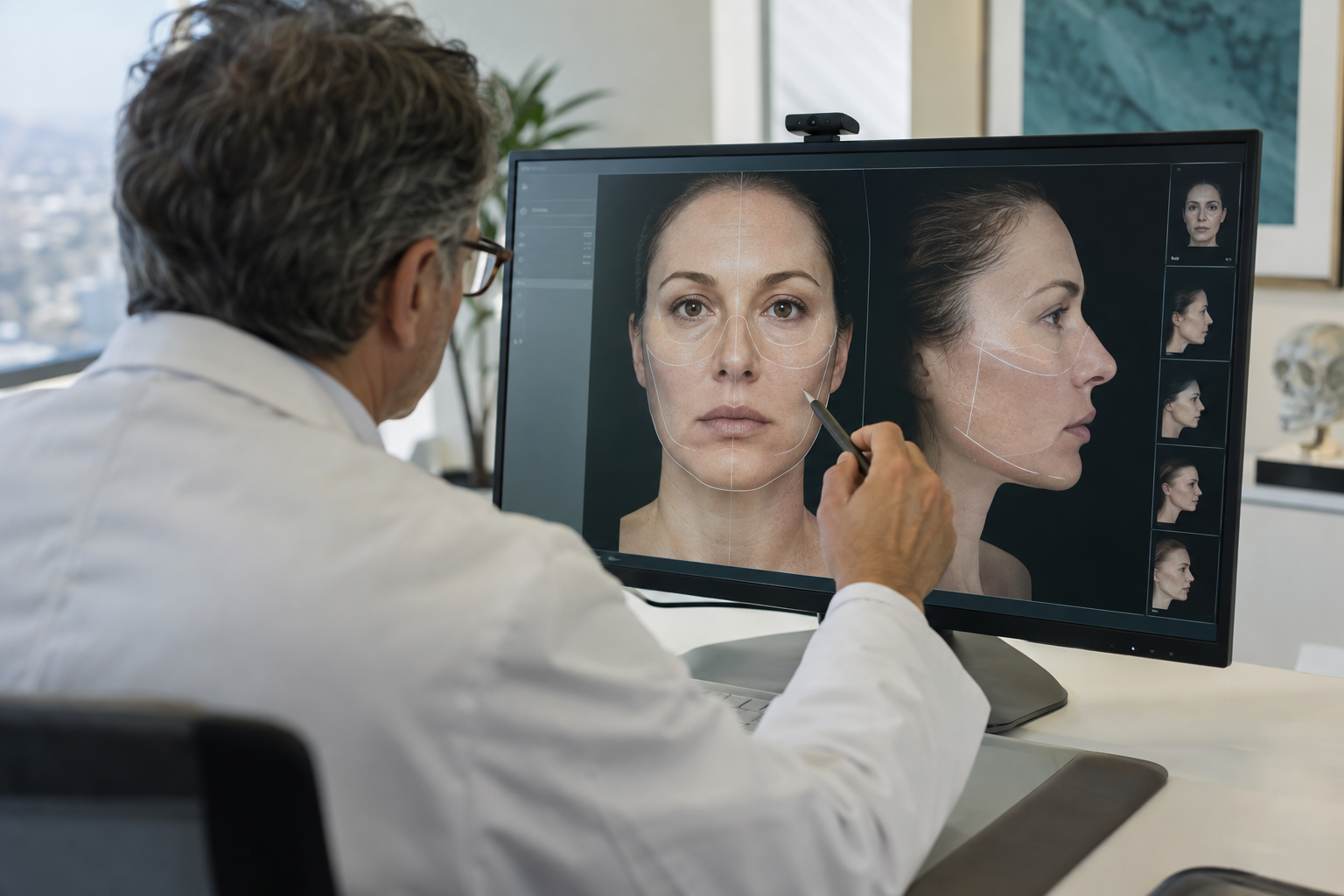 A doctor reviewing facial surgery planning on a screen