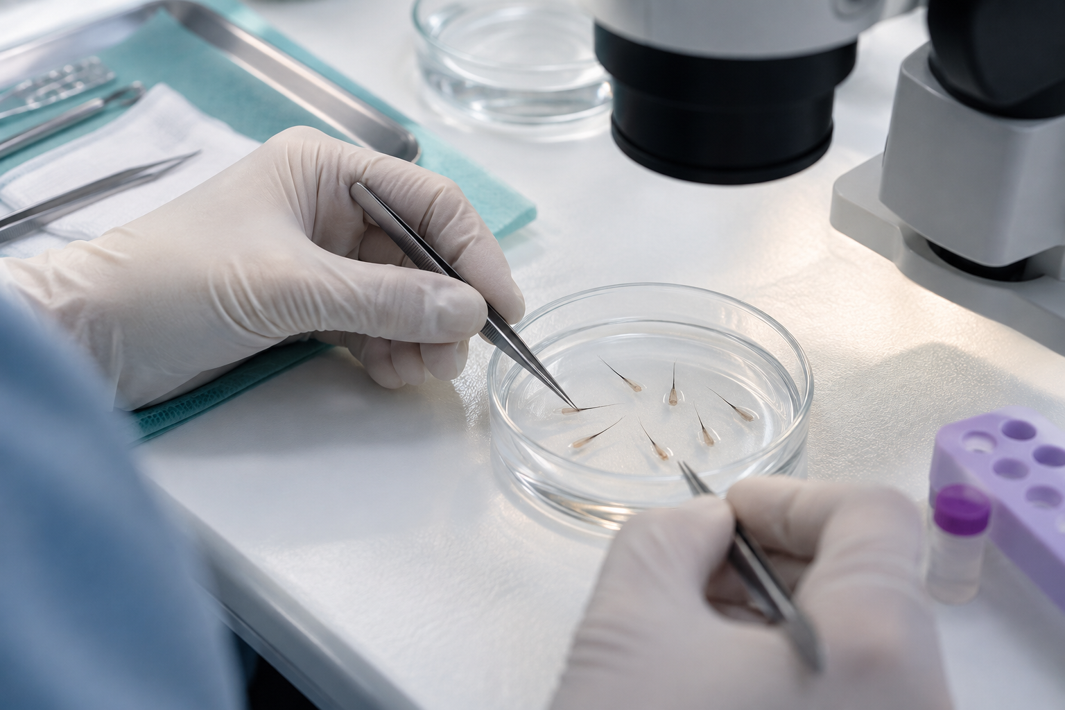 An illustrative scene of graft preparation for hair transplantation