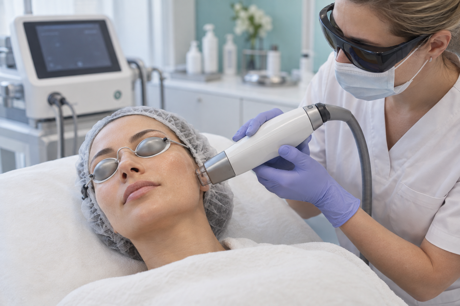 A facial laser treatment with eye protection