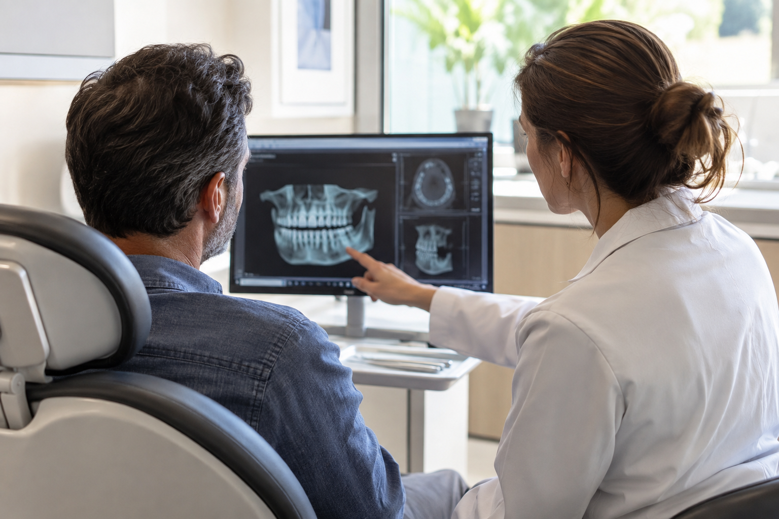 A patient reviewing a dental scan with a dentist