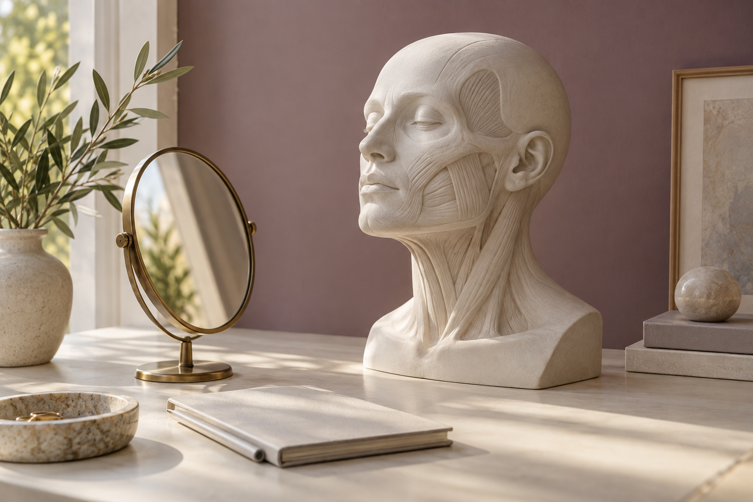 An anatomical teaching model and mirror illustrating facial assessment